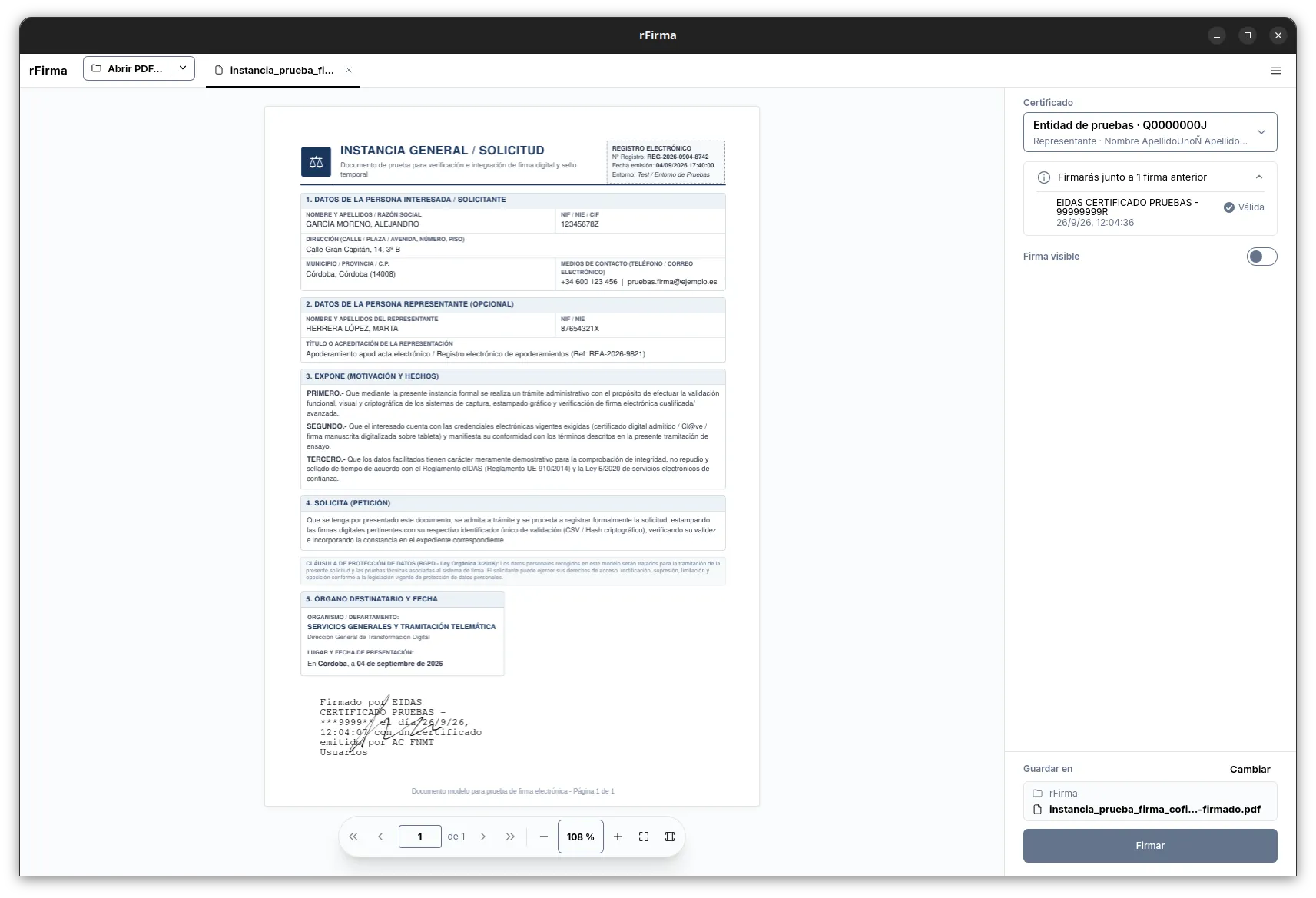 rFirma con un PDF abierto que ya lleva una firma válida