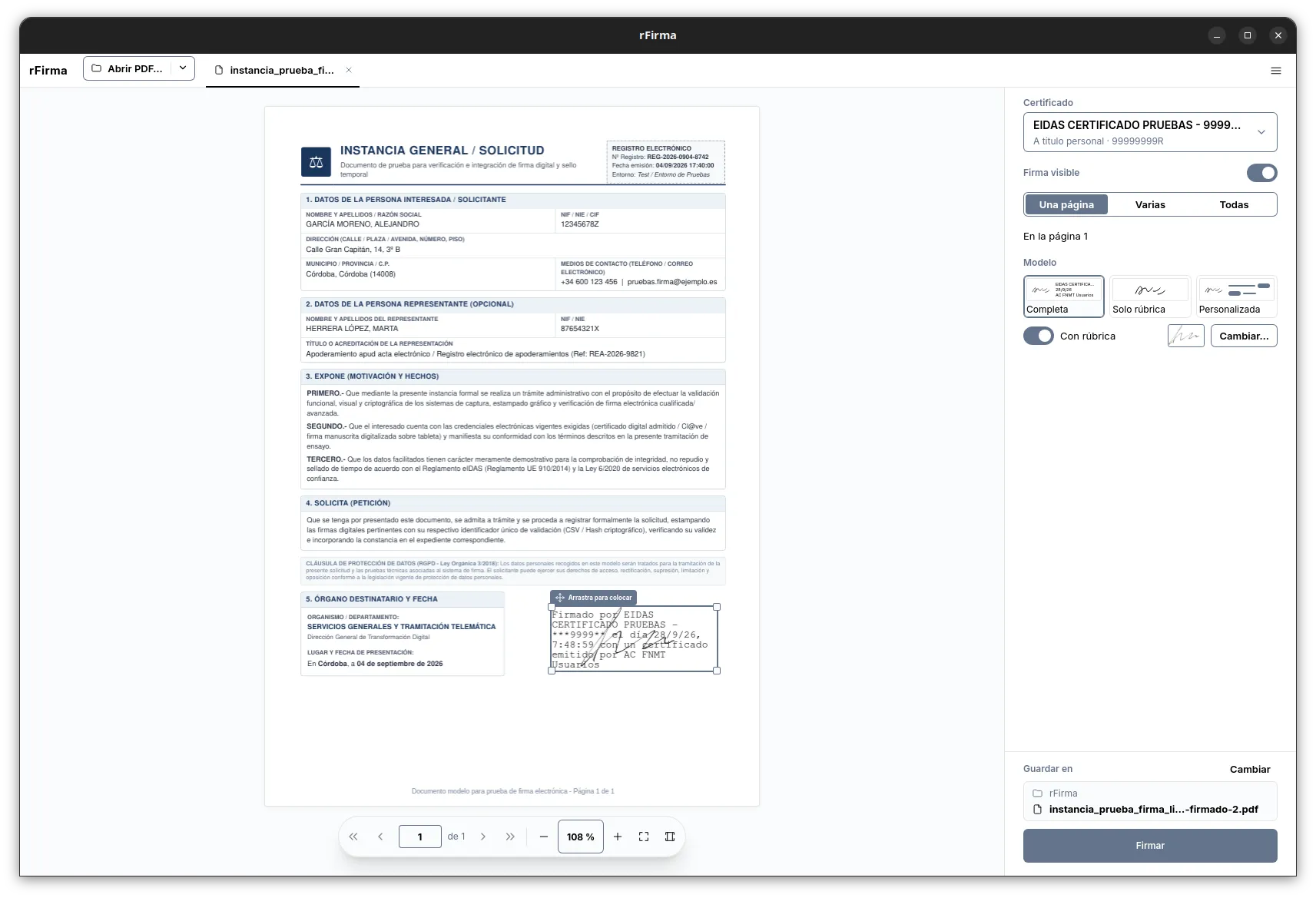 Ventana principal de rFirma: visor del documento, colocación de la firma visible y panel lateral de firma